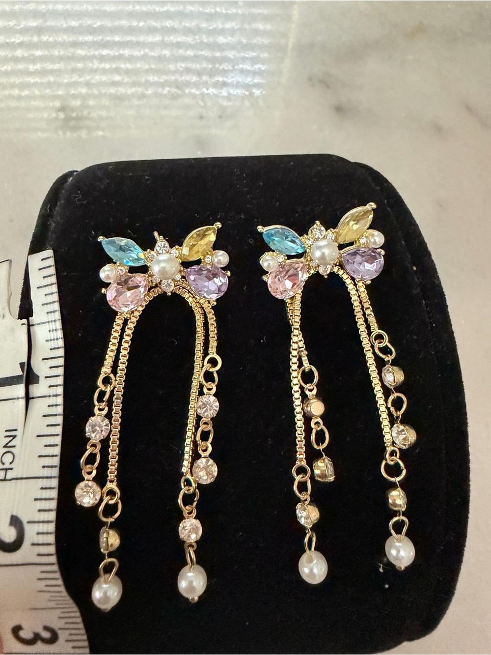 Gold Multicolor Cz Drop Earrings with Pearls - Picture 3 of 4
